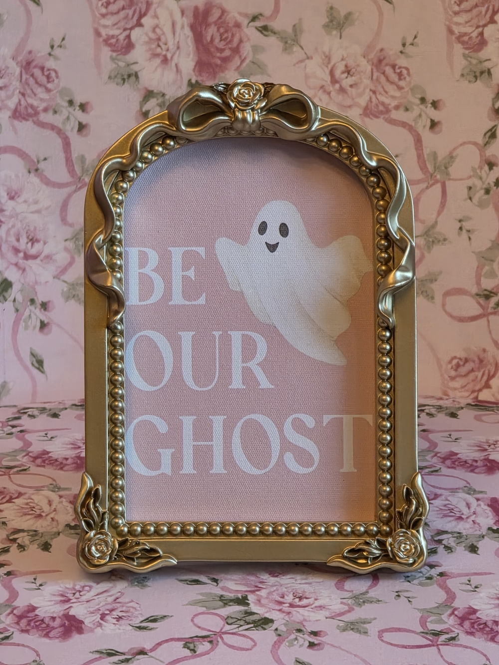 Halloween Ghost "BE OUR GUEST"- Gold Decorative Frame with Pink background